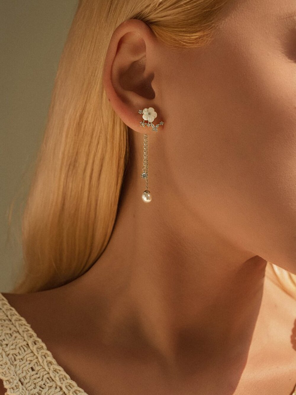 White Gold Floral Pearl Drop Earrings Bridal 925 - Picture 5 of 5